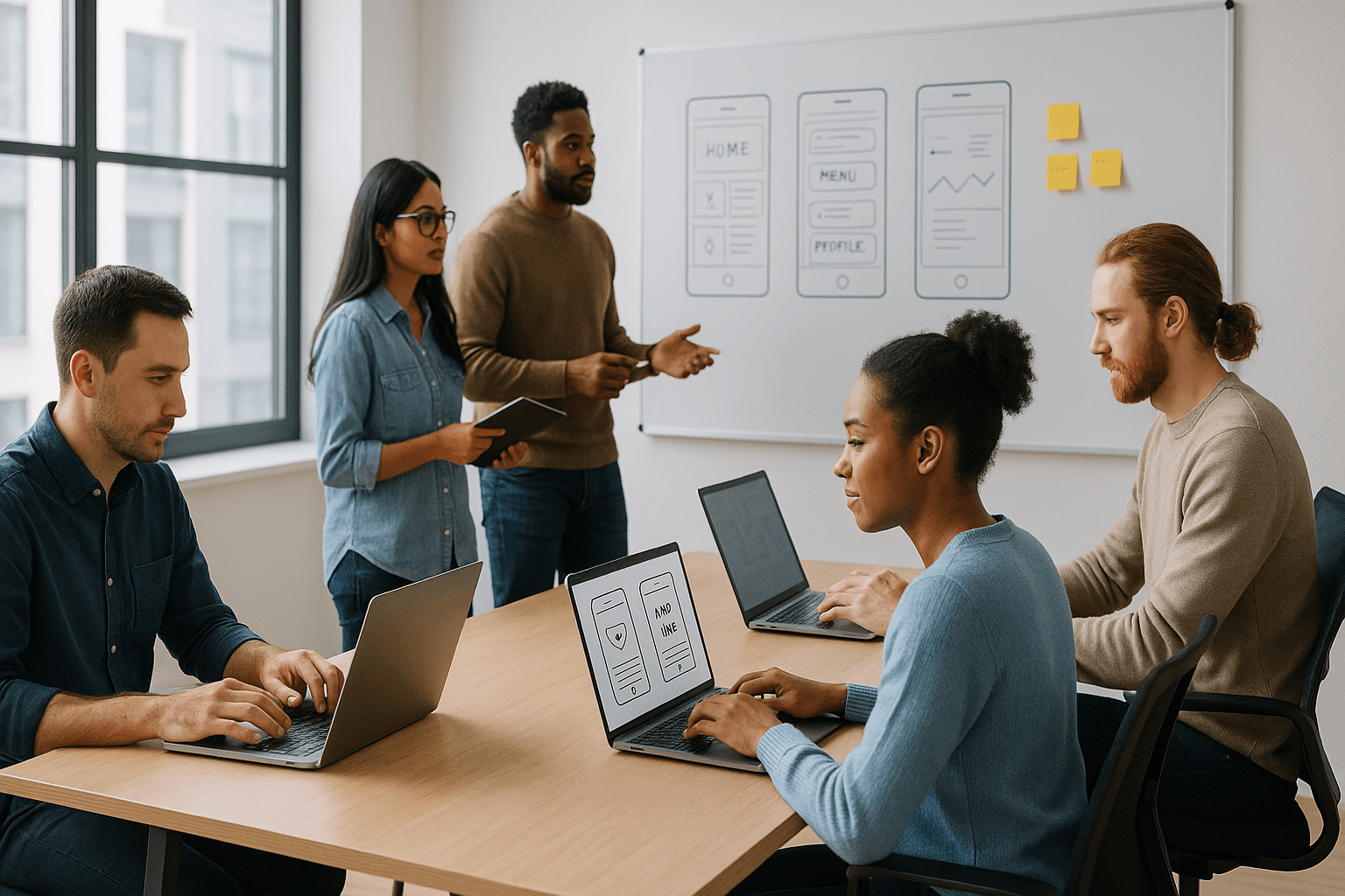 Modern MVP development team collaborating in a bright office
