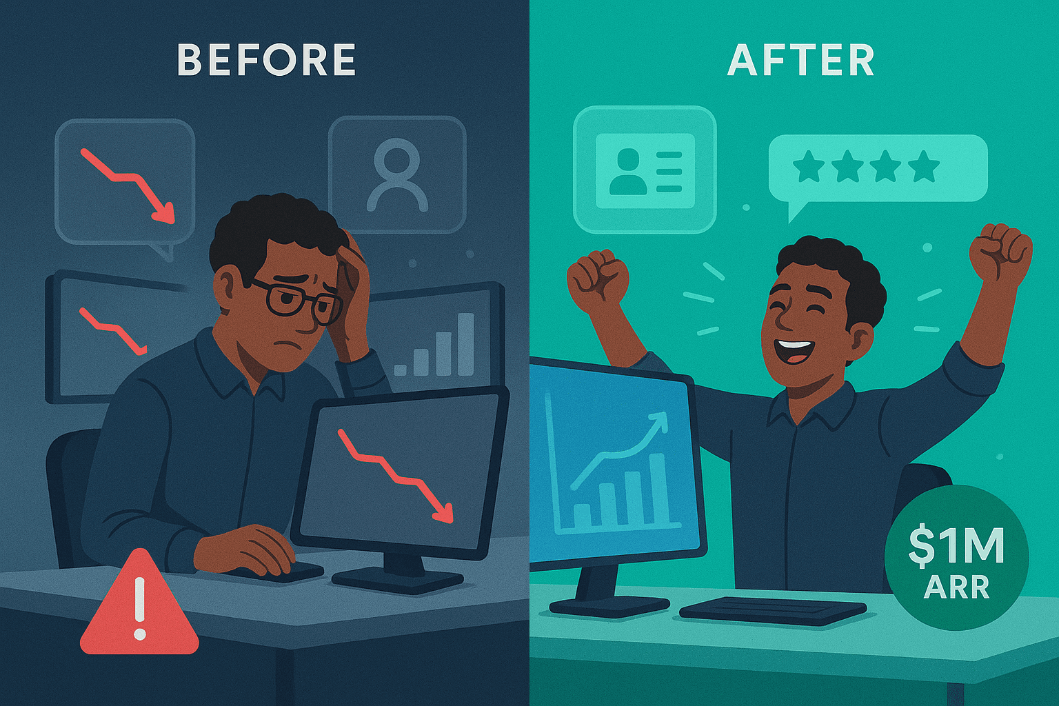 Success story comparison showing TechFlow's journey from struggling startup to $1M ARR achievement
