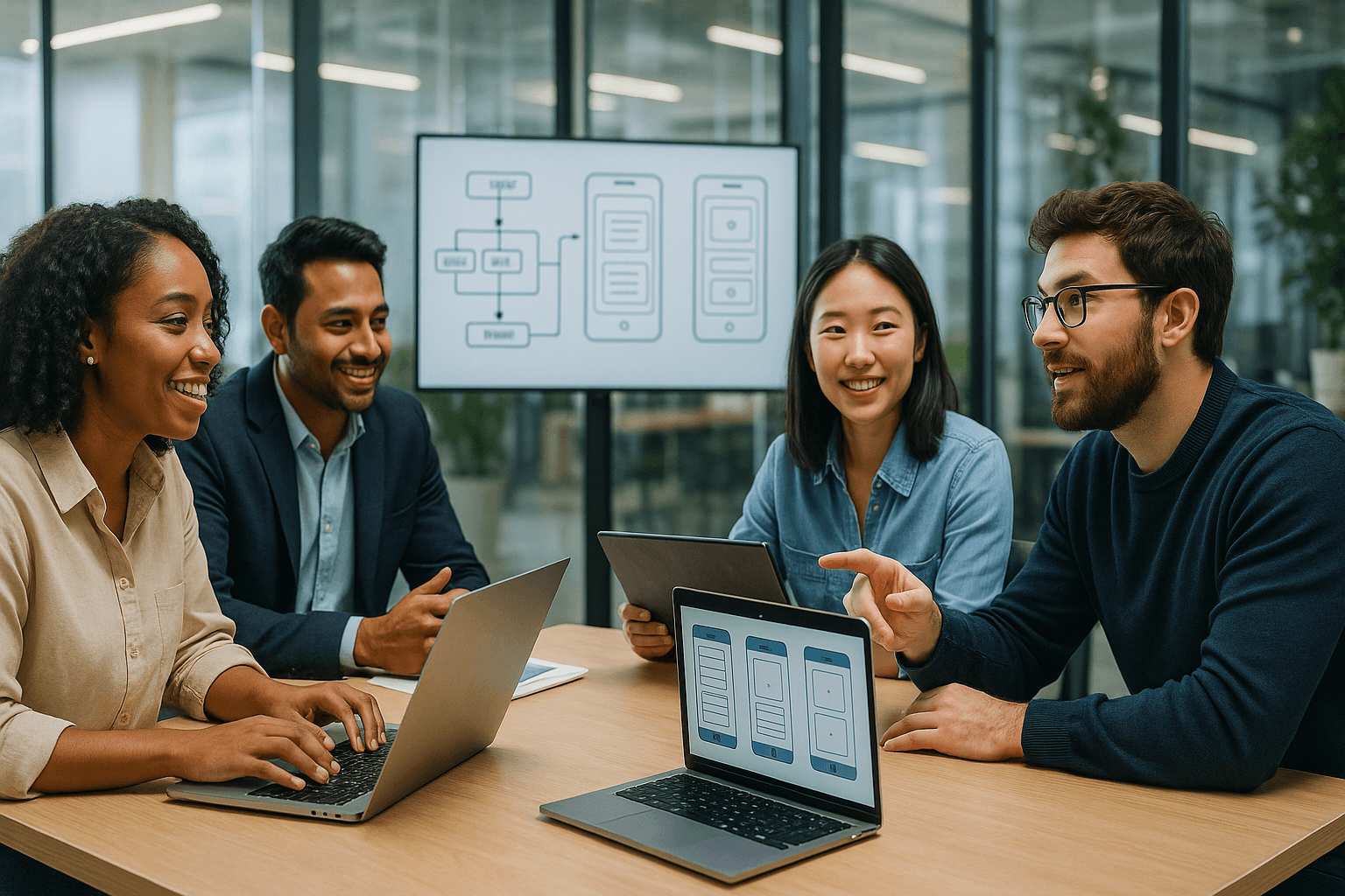 Diverse software development team collaborating on MVP wireframes